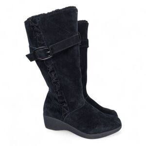 London Fog Monica Tall Winter Snow Boots Size 8M Black Suede Wedge Fleece Lined